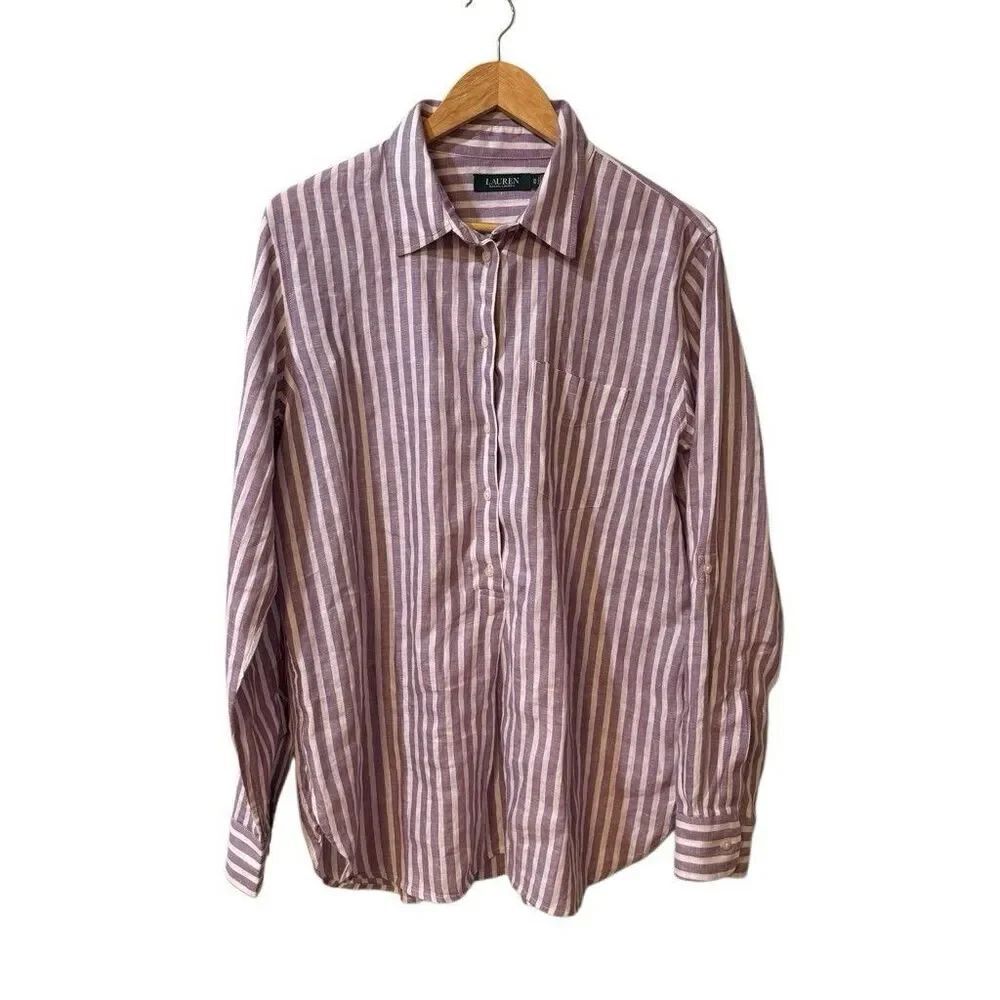 Lauren Ralph Lauren Women’s Linen Shirt XL Stripe Button Up Coastal Chic